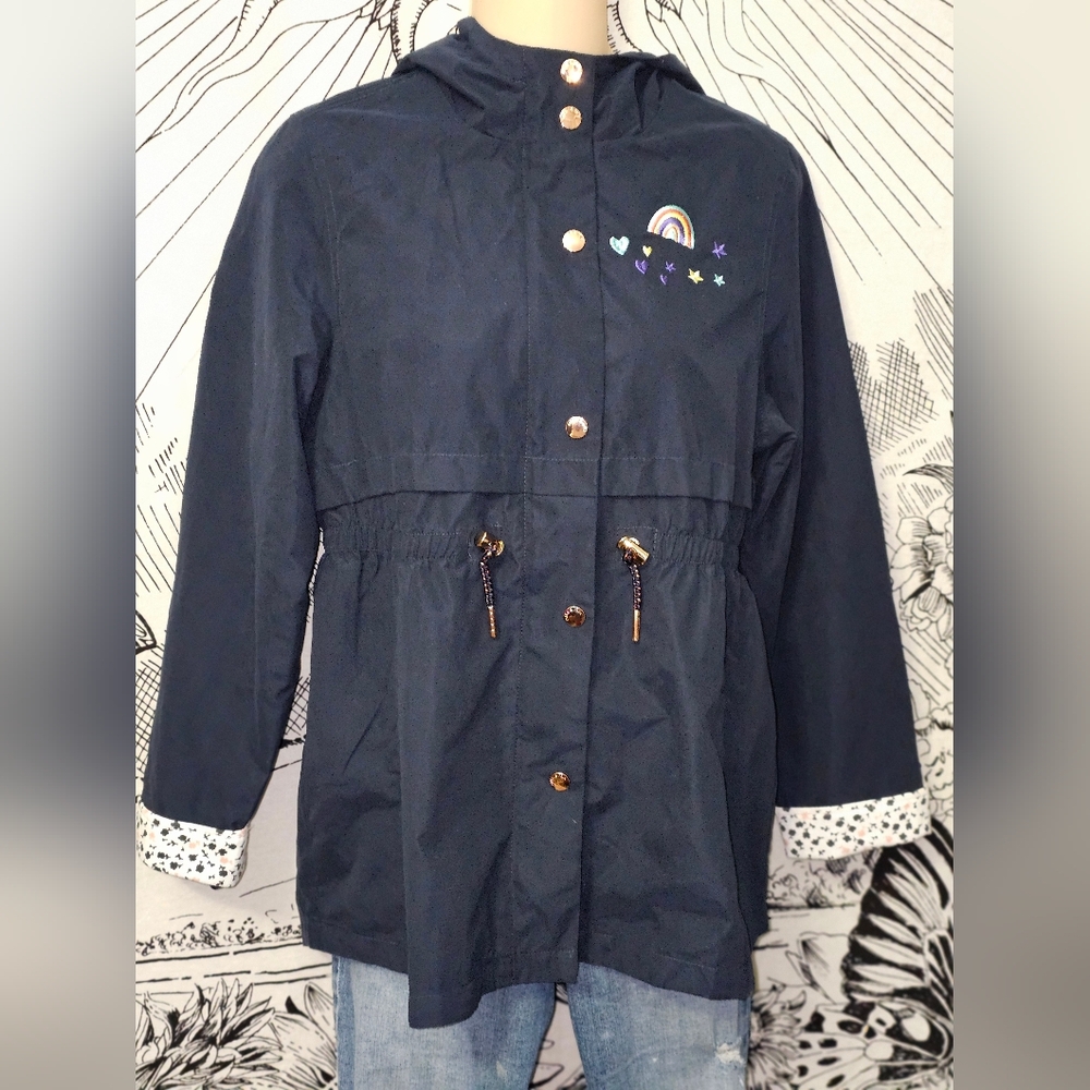 Like New Rokka & Rolla Girl's XL Navy Hooded Rain Jacket with Rainbow Embroidery